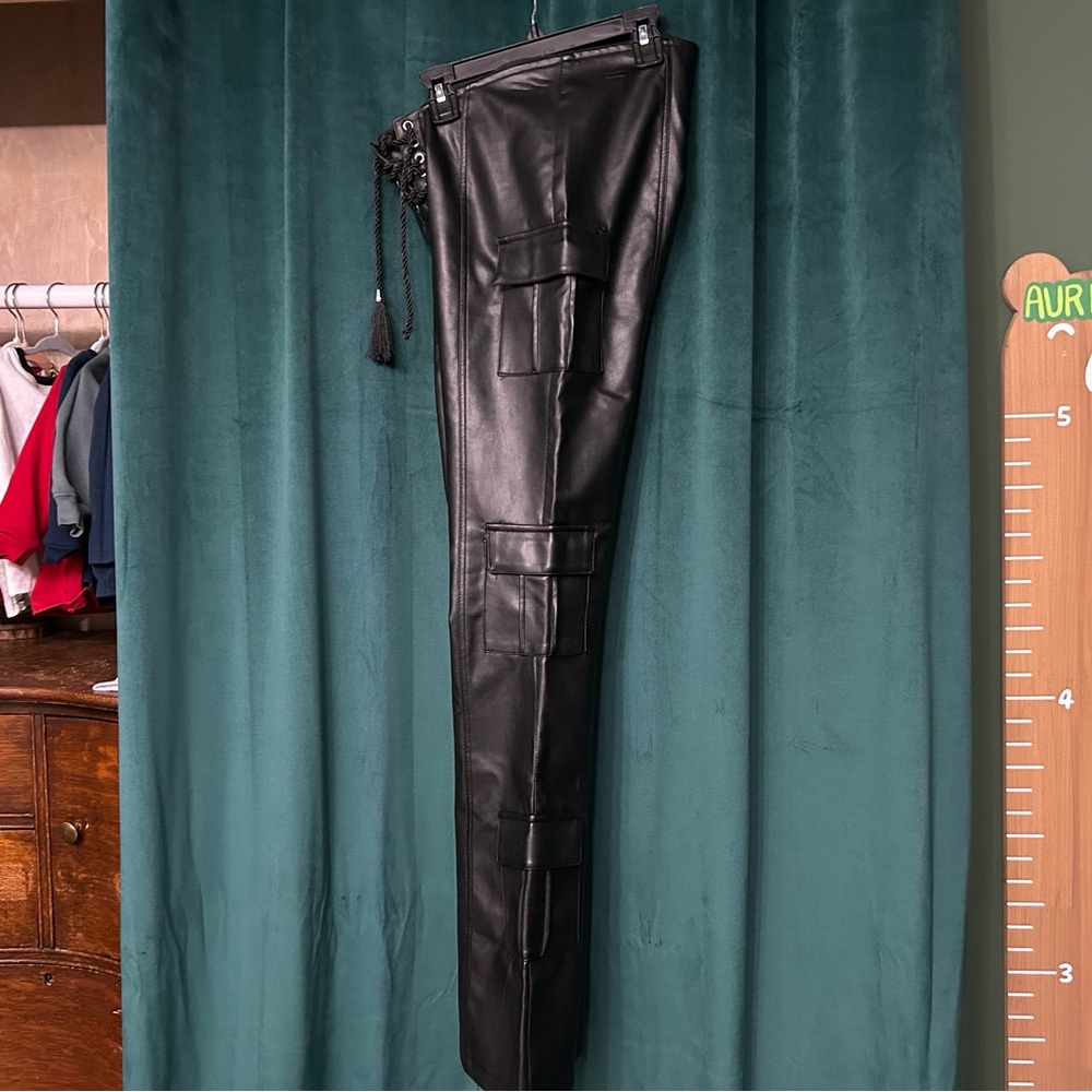 Club Exx Groundwork Cargo Flare Vegan Leather Lace-Up Low Rise Pants DollsKill - Picture 12 of 14